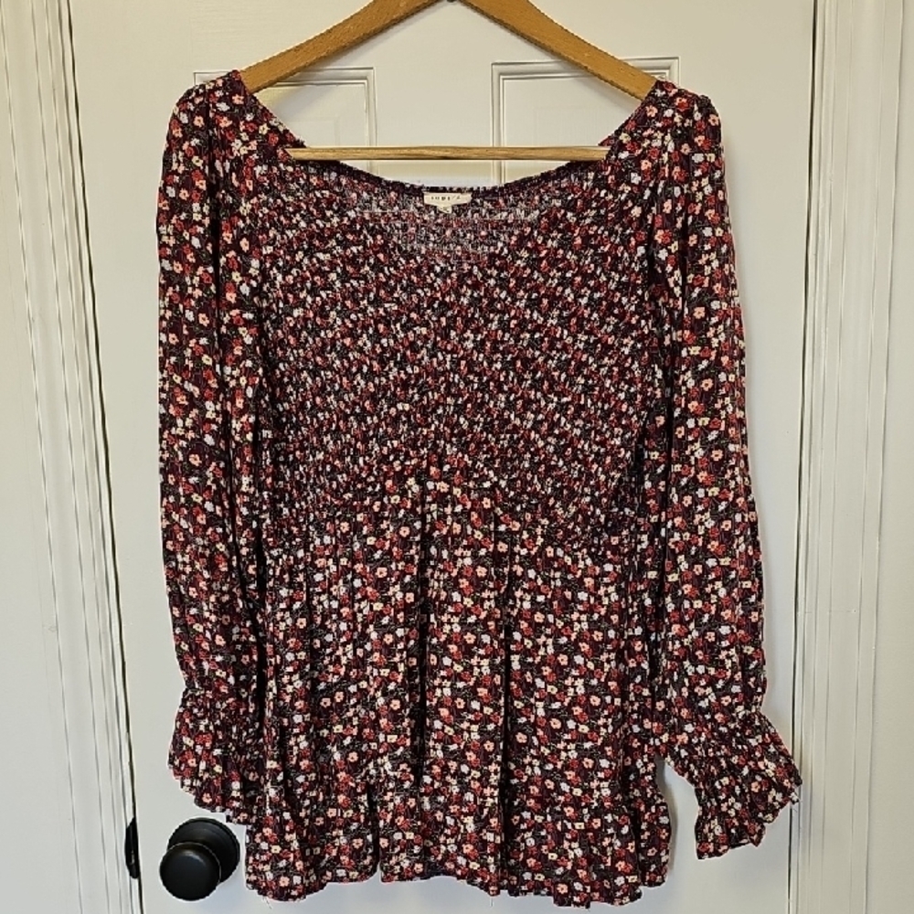 Jodifil Smocked Peplum Blouse with Bishop Sleeves